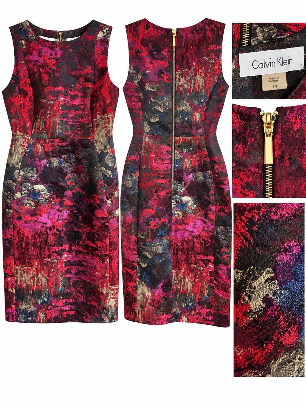 Calvin Klein Sleeveless Sheath Dress Size 14 Floral Metallic Jacquard